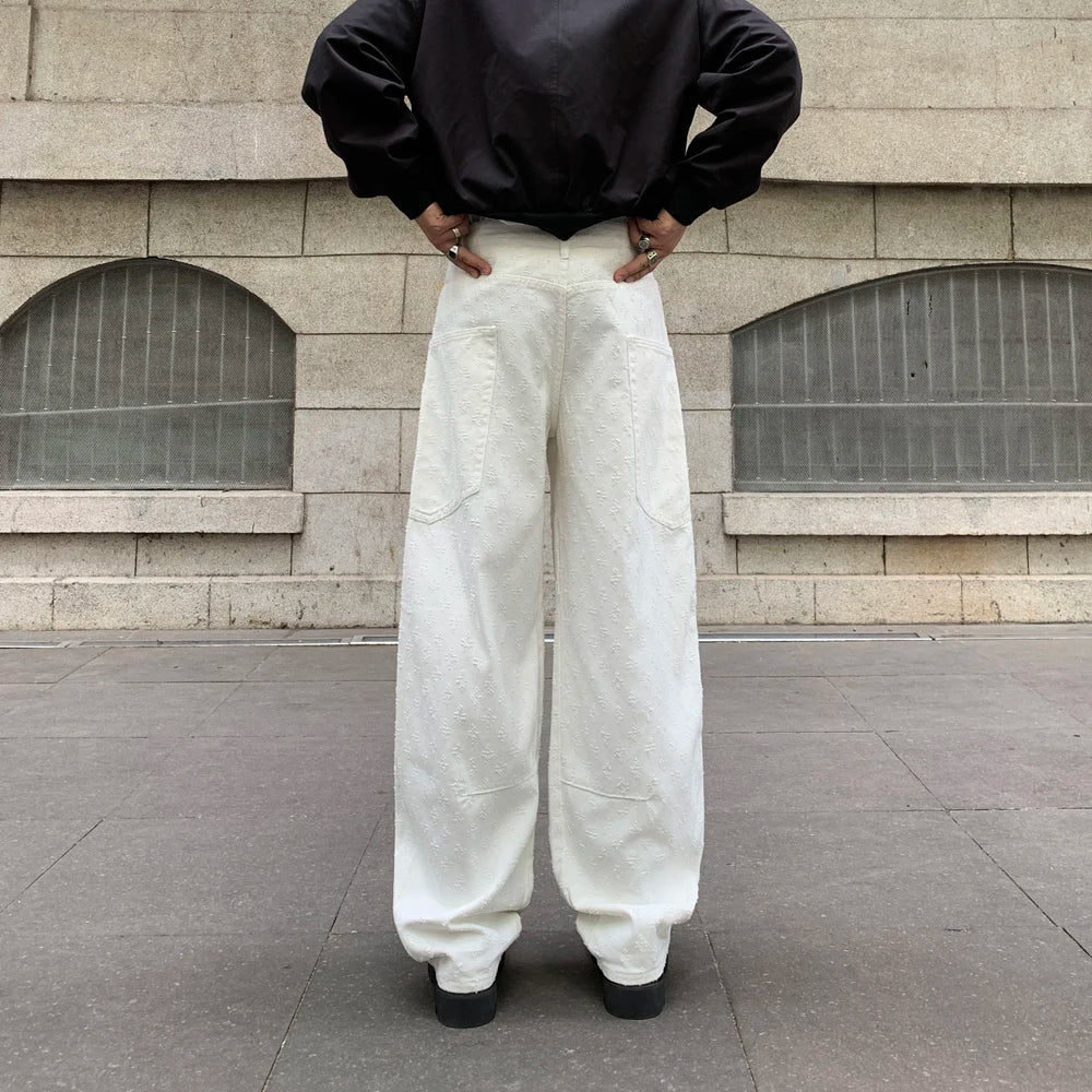 men brand fashion wash jacquard denim splice pocket loose casual wide leg baggy jeans cityboy cargo jeans pants trousers baggy cargo bottoms