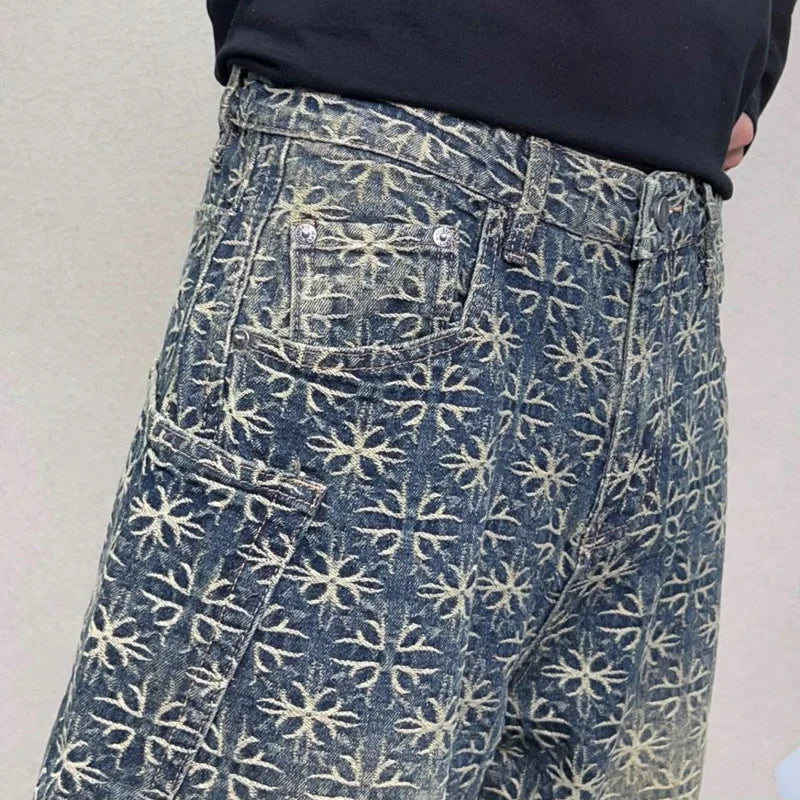 men jacquard loose casual hip hop vibe splice pocket denim baggy jeans pants man streetwear ripped jeans trousers boyfriend unique jeans style 2988