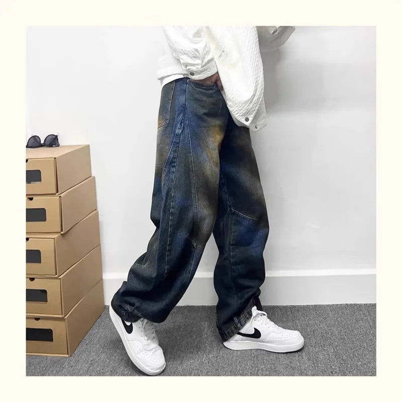 autumn hip hop graffiti painted baggy jeans mens y2l streetwear wide leg denim pants punk fashion distressed gradient jean unique jeans style 283
