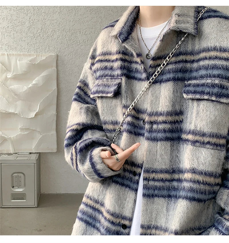 winter y2k vintage striped woolen jackets for men patchwork long sleeve plaid cardigan coats high street cargo shirt jacket unique cargo style 66