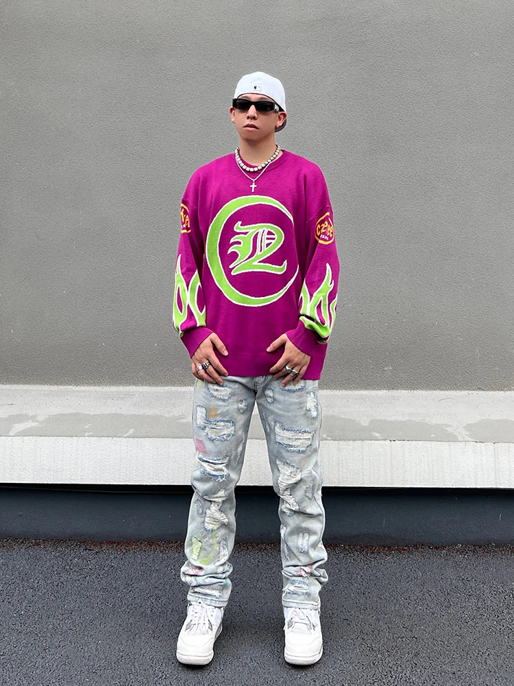 Hip Hop Knitted Sweater Men Letter Fire Pattern O-neck Pullover Streetwear Casual Loose Sweater Unisex Harajuku Jumpers Knitwear Street King Limited
