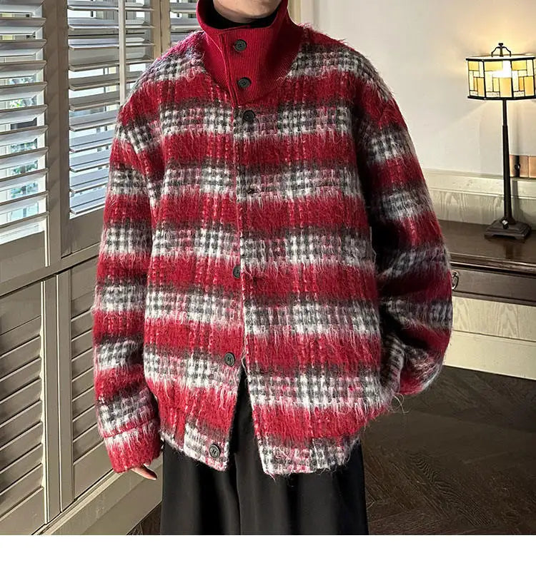 men turtleneck trendy brand fashion stripe christmas woolen bomber jacket women oversize plaid top coat outerwear unique default style 1150