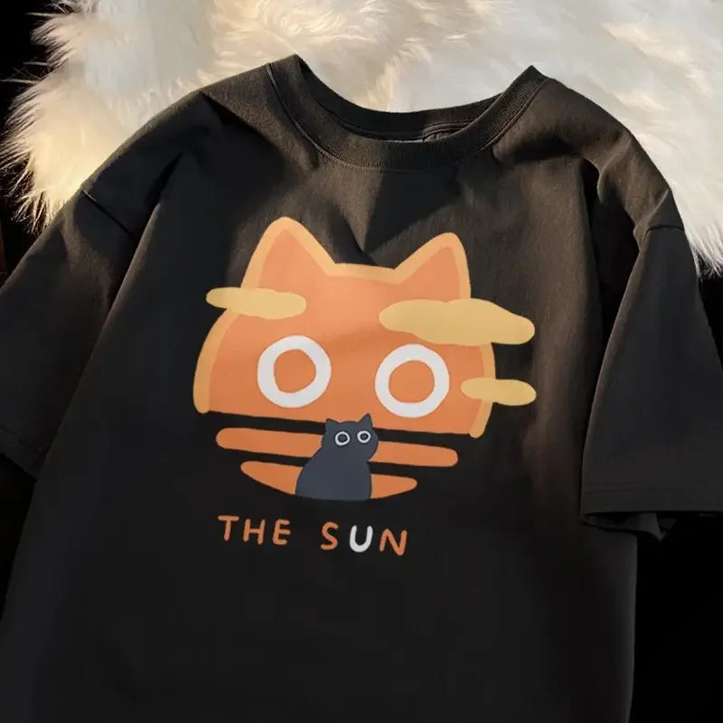 Summer Japanese Cartoon Anime Cat Short Sleeved Pure Cotton Short Sleeved T-shirt Loose and Versatile Cute Student Girl Top Street King Limited