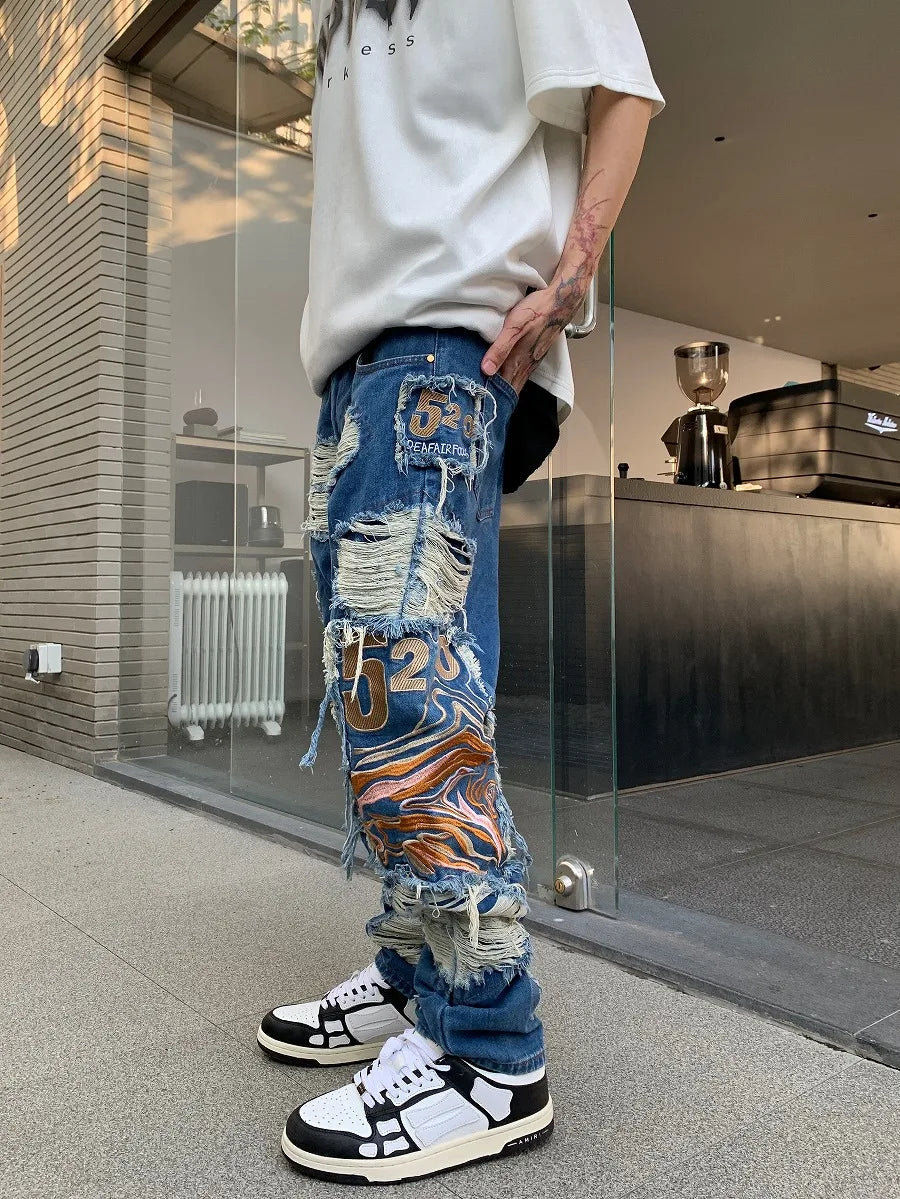 fashion embroidery destroyed ripped tassel holes denim jean pants mens casual loose straight jeans hip hop streetwear joggers unique joggers style 3339