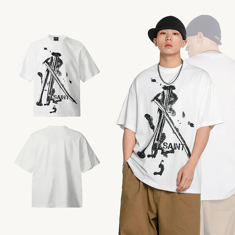 Summer New SAINT T-shirt Chaopai 3D Steel Nails Direct Spray Printing Cotton Loose Casual Men Woman Top Tees Street King Limited