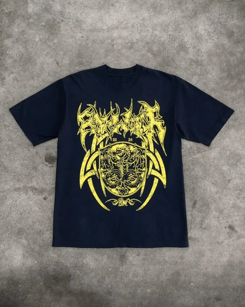 Y2K Streetwear Fashion Shenlong Letters Oversized T-Shirt Men's Retro Casual Loose Harajuku Gothic Short Sleeve Bottoming Shirt Street King Limited