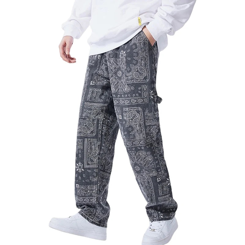 mens hip hop straight denim jeans pants fashion zipper paisley jeans streetwear casual loose trousers pants joggers baggy jeans unique joggers style 1792