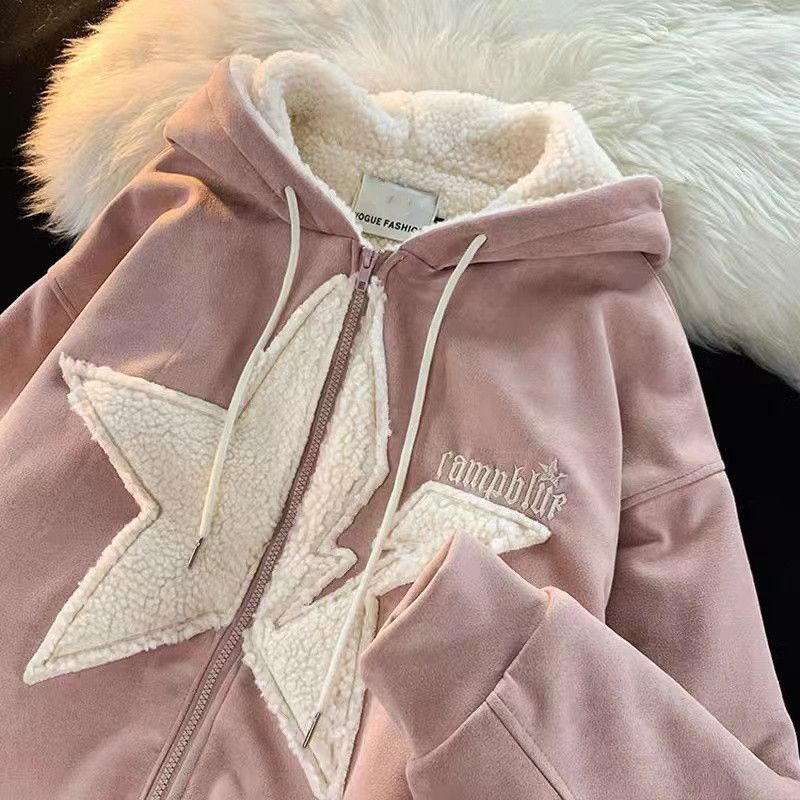 Star Hoodie American Style Retro Jackets Five Pointed Plush Thickened Lamb Wool Coat Women Autumn and Winter Loose Lazy Style Street King Limited