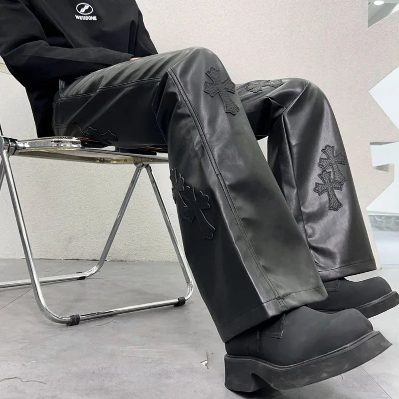 pu leather pants men streetwear fashion hip hop punk gothic vibe casual faux leather pant man boyfriend motorcycle trousers unique default style 2912