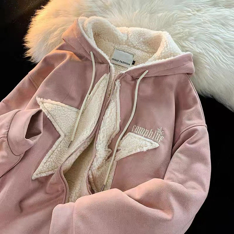 Star Hoodie American Style Retro Jackets Five Pointed Plush Thickened Lamb Wool Coat Women Autumn and Winter Loose Lazy Style Street King Limited