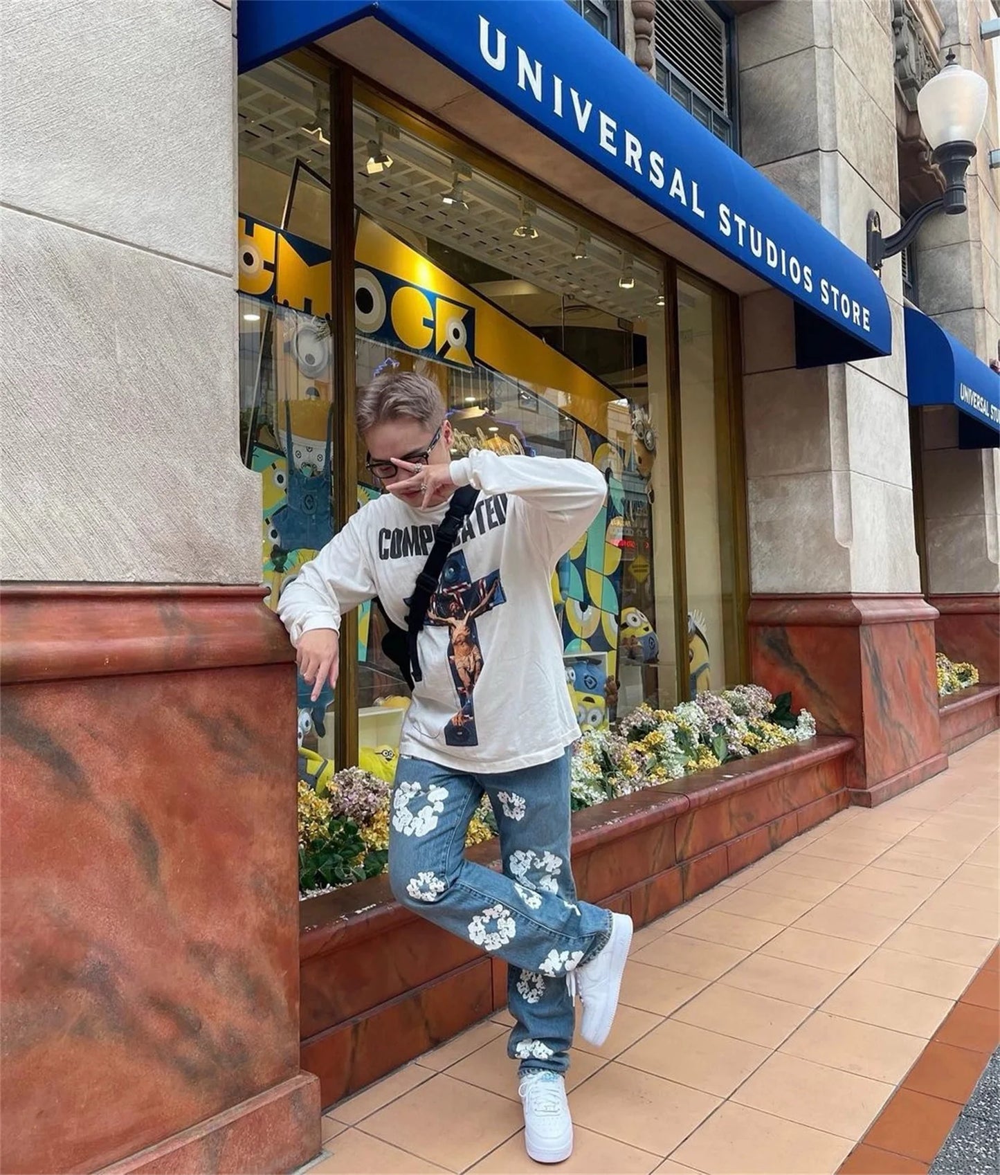 Summer 24ss Cross Print Brand Fashion Round Neck High-Street Round Neck Cotton Long Sleeve T Shirt Pullover Street King Limited