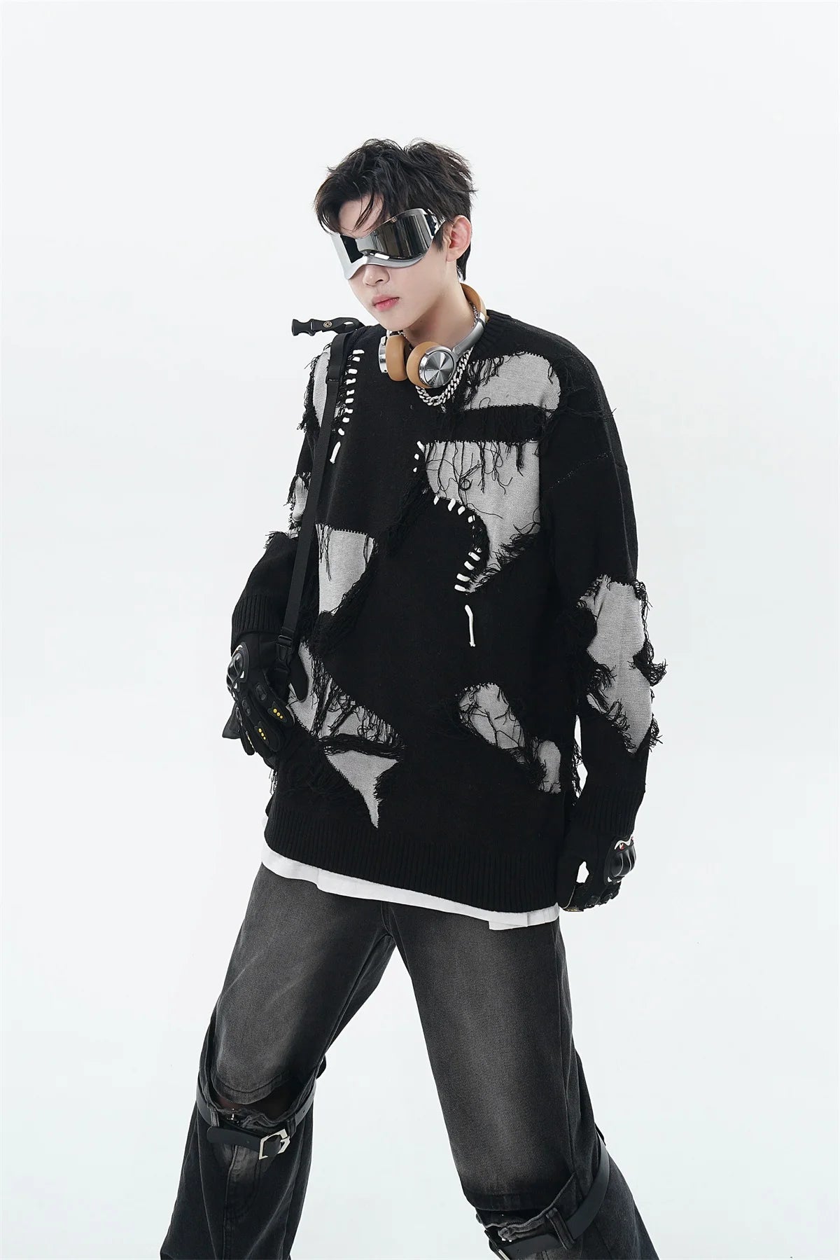 Mens Knitted Sweater Fashion Tassel Irregular Block Pullovers Casual O-neck Unisex Harajuku Y2k Streetwear Loose Knit Jumpers Street King Limited