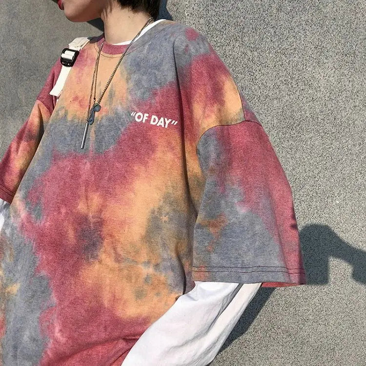 Summer national trend hip-hop tie-dye short-sleevedstyle Korean version ins loose couple's five-point half-sleeved T-shirt top Street King Limited
