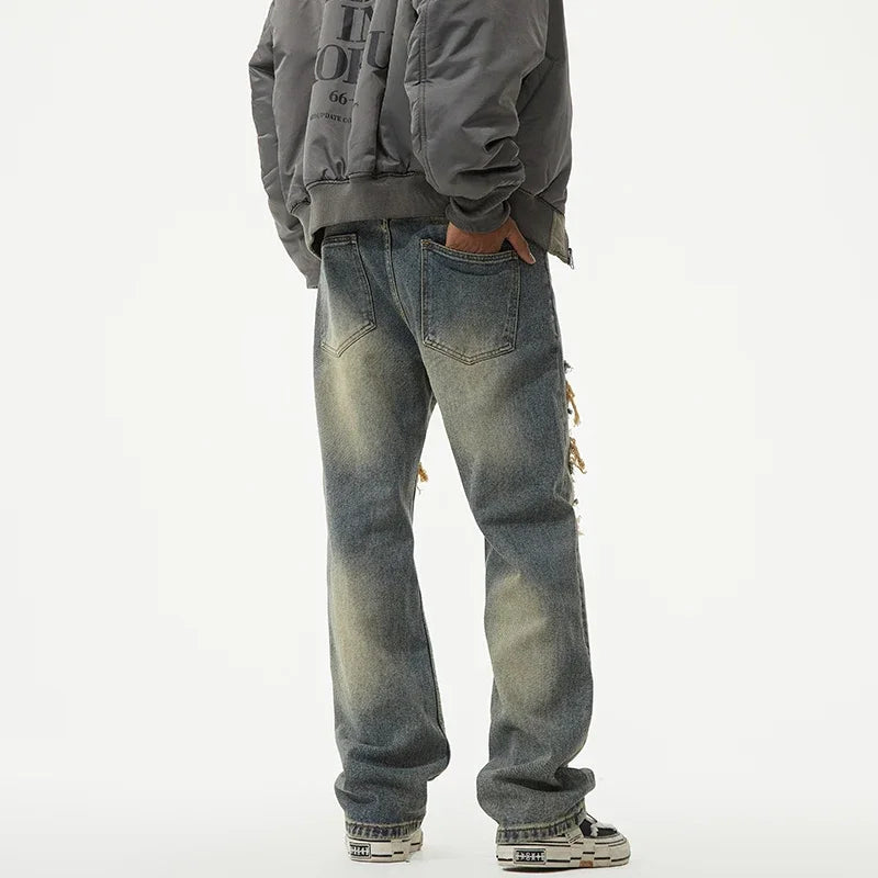 men broken hole patch loose casual plus size straight ripped denim pants jeans man streetwear fashion baggy jeans trousers vintage washed jeans