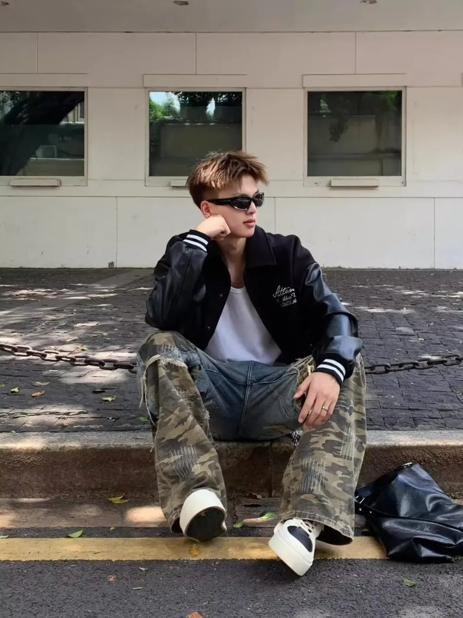 Trendy Camo Cowboy Cargo Pants Mens Spring Autumn Elasticity Fashion Harajuku Patchwork Straight Jeans New Washed Denim Trousers Street King Limited