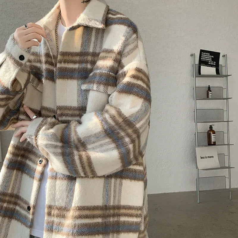 winter y2k vintage striped woolen jackets for men patchwork long sleeve plaid cardigan coats high street cargo shirt jacket military streetwear pants