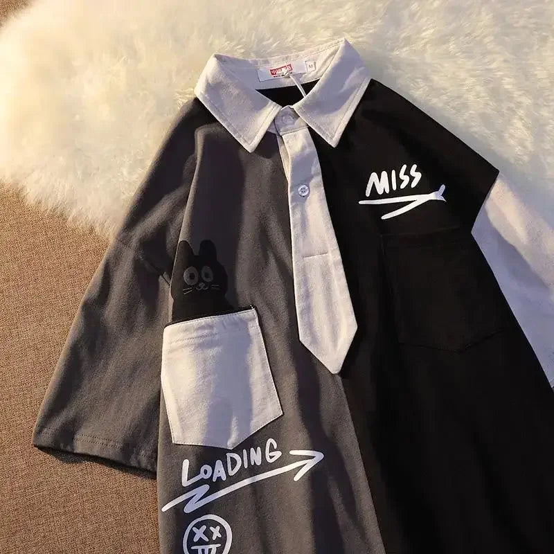 European and American color block polo shirts men short-sleeved T-shirts college style loose Korean style simple couple tops y2k Street King Limited