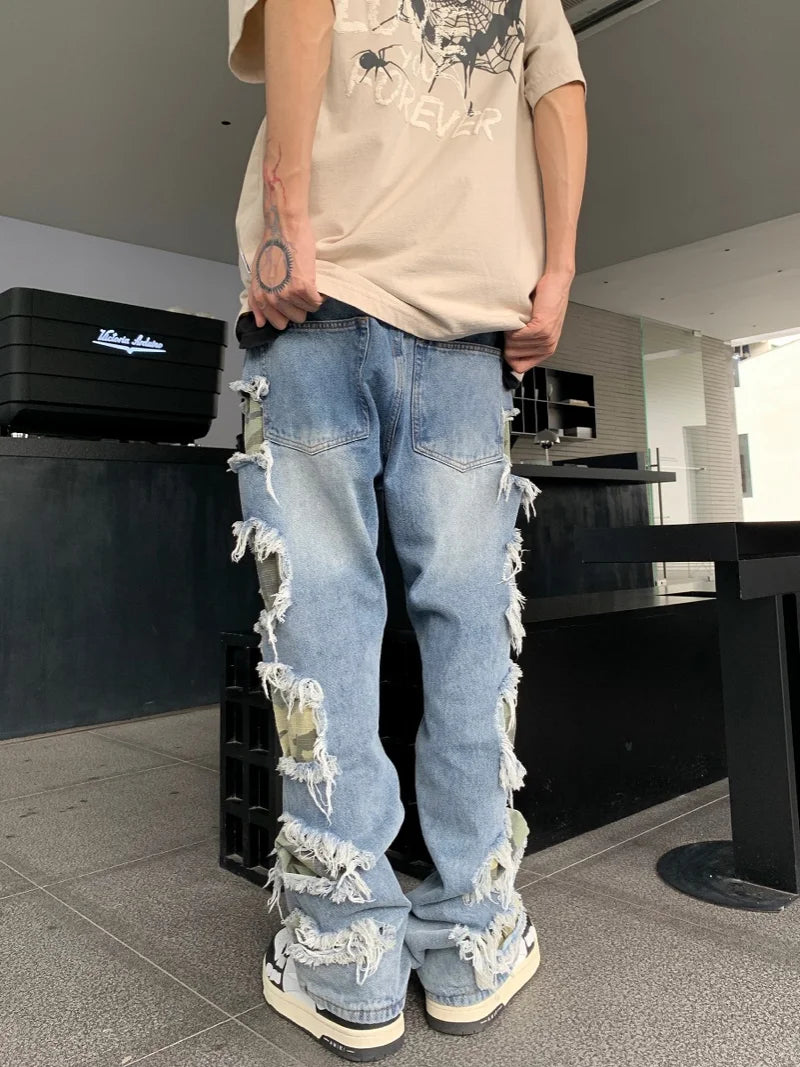 side destroyed ripped holes denim jeans pants mens casual patchwork camouflage loose straight joggers hip hop streetwear jeans urban active pants