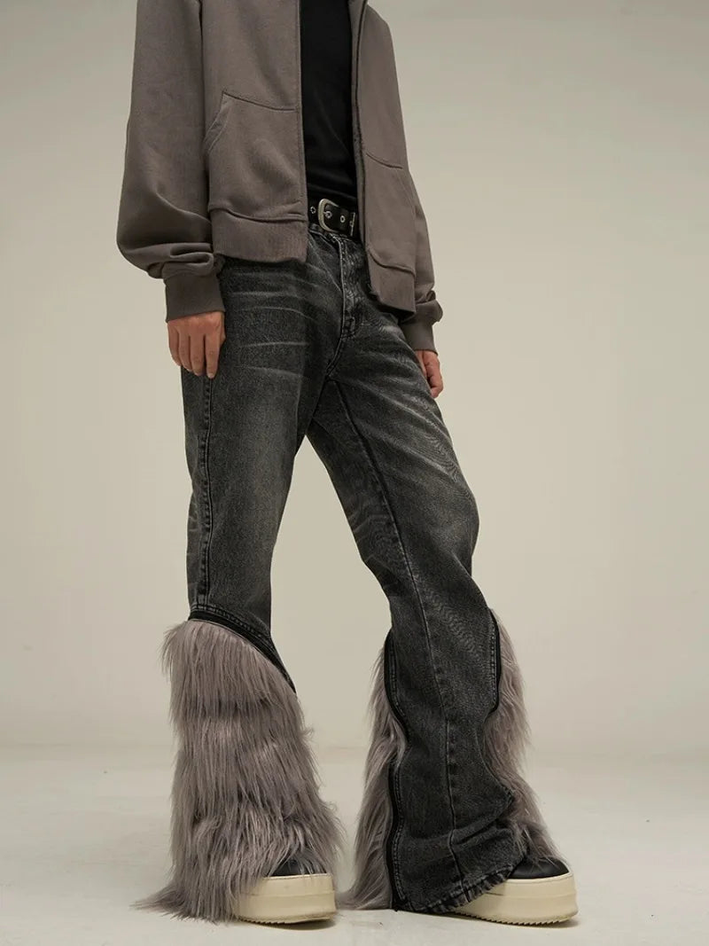 harajuku denim straight jeans men trousers high street zipper detachable fur bottom streetwear casual loose joggers jean pants urban active pants