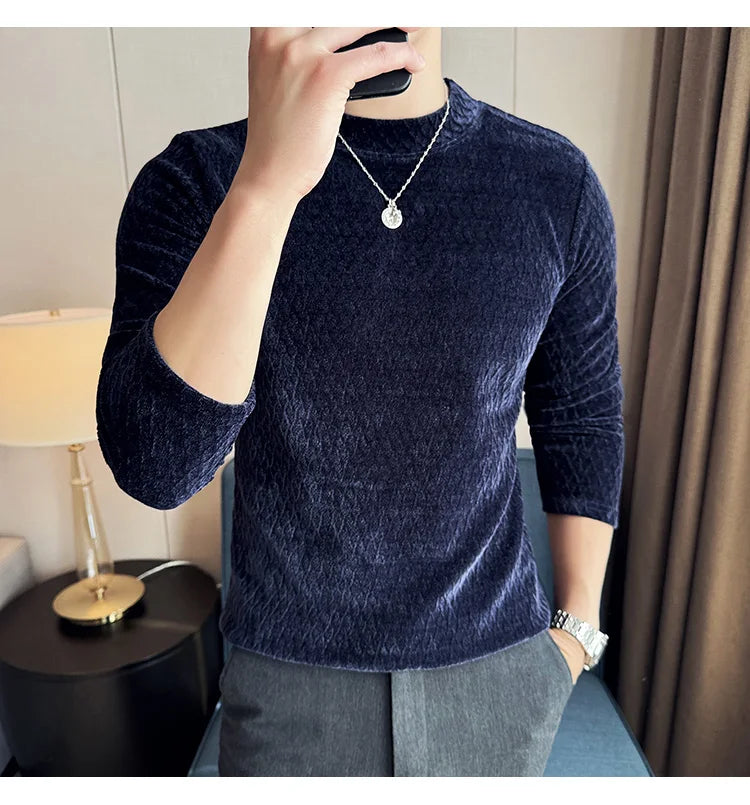 Autumn Winter Semi-turtleneck Stretch Slim Fit Long Sleeve Tshirt Men Thicken Velvet Jacquard Casual T-shirt Bottom T Shirt Street King Limited