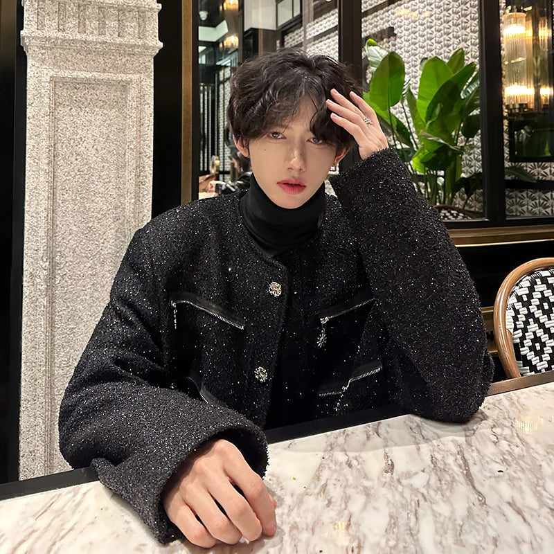 multi zipper sequin woolen jacket men french retro fashionable casual christmas jacket spring autumn coat stage show clothing unique default style 1443