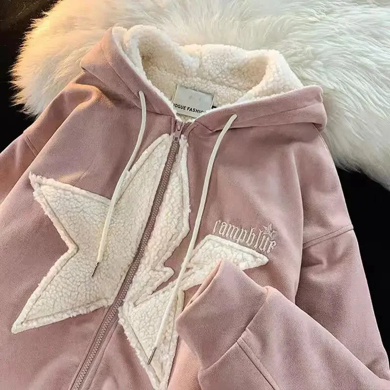 Star Hoodie American Style Retro Jackets Five Pointed Plush Thickened Lamb Wool Coat Women Autumn and Winter Loose Lazy Style Street King Limited