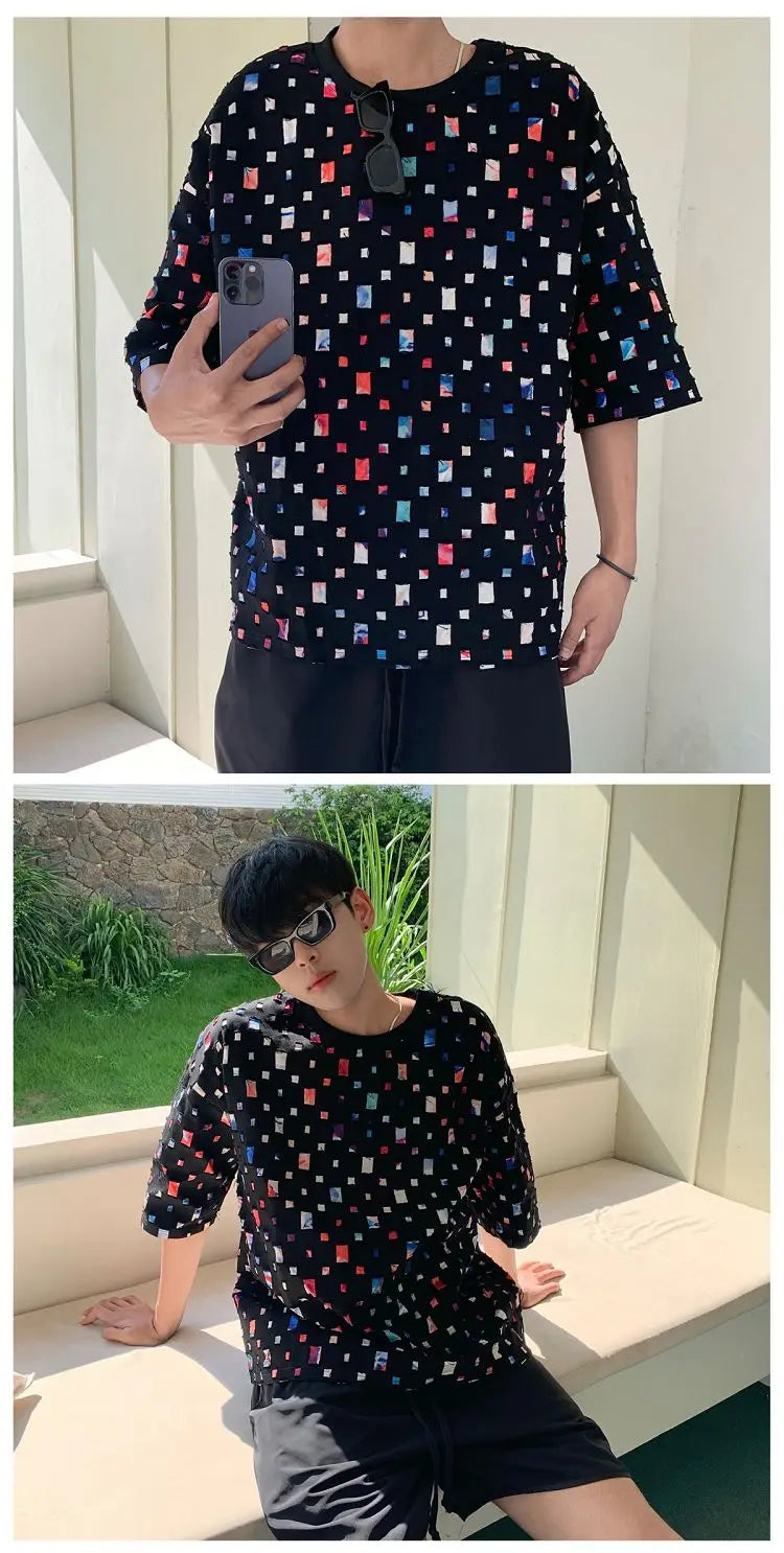 Summer Cotton Short Sleeved T-shirt Men Fashion Colorful Plaid Tshirt Men Streetwear Hip-hop Loose Hollow Out T Shirt Mens Tops Street King Limited