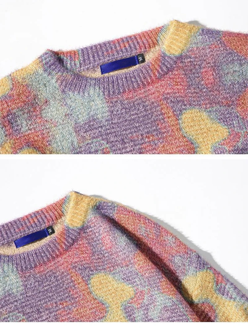 Rainbowtouches Men Sweater High Street Printing Graffiti Purple Pullover Vintage Round Neck Knitted Sweater Spring And Autumn Street King Limited