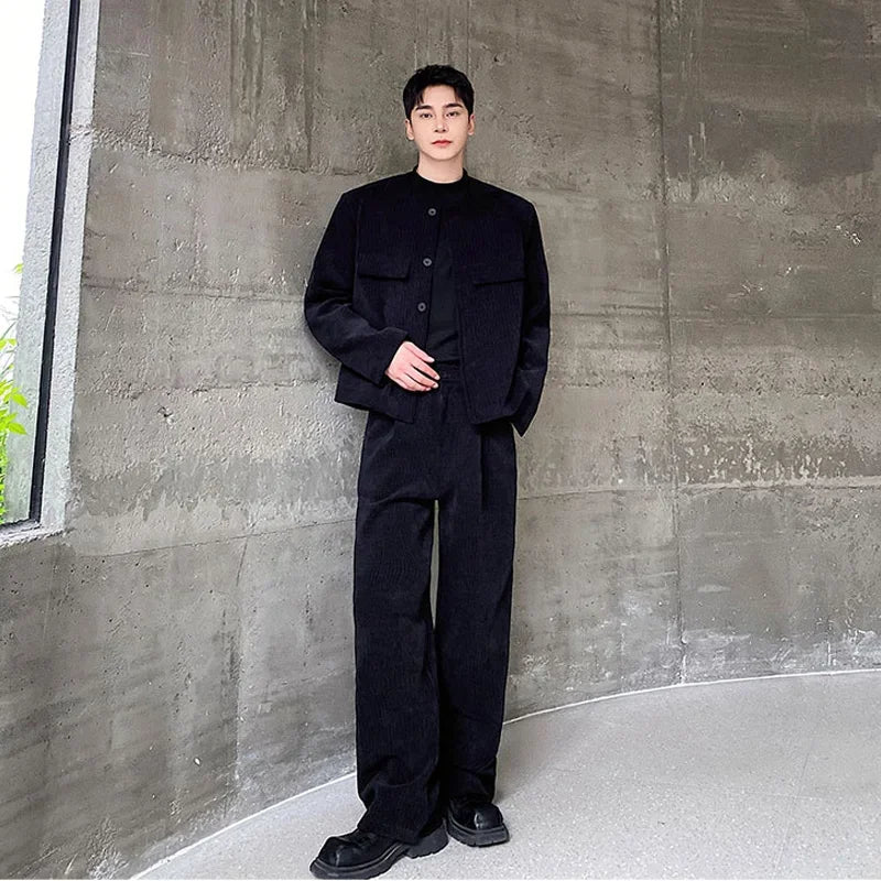 men 2 pieces sets corduroy short jacket wide leg pant suits korean streetwear fashion loose casual retro coat baggy trousers unique shorts style 2706