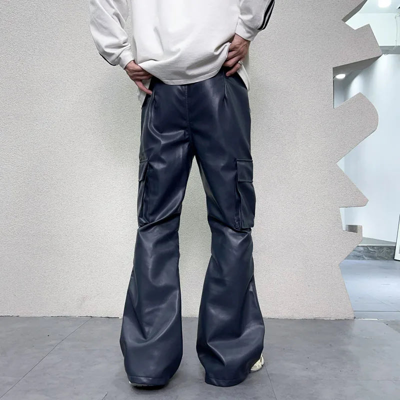 pu leather pants mens streetwear fashion hip hop vibe casual faux leather cargo flared pant men motorcycle trousers unique cargo style 2932