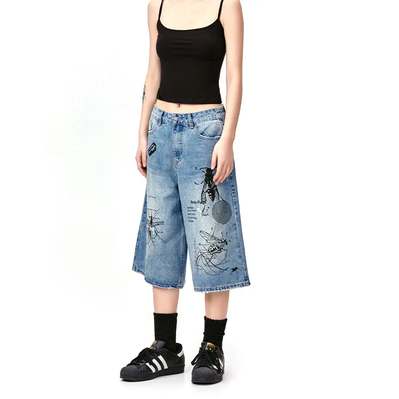 Men's Ripped Denim Shorts 2024 Summer Fashion Graffiti Insect Patterned Jeans Shorts Harajuku Streetwear Short Pants Y2K Street King Limited