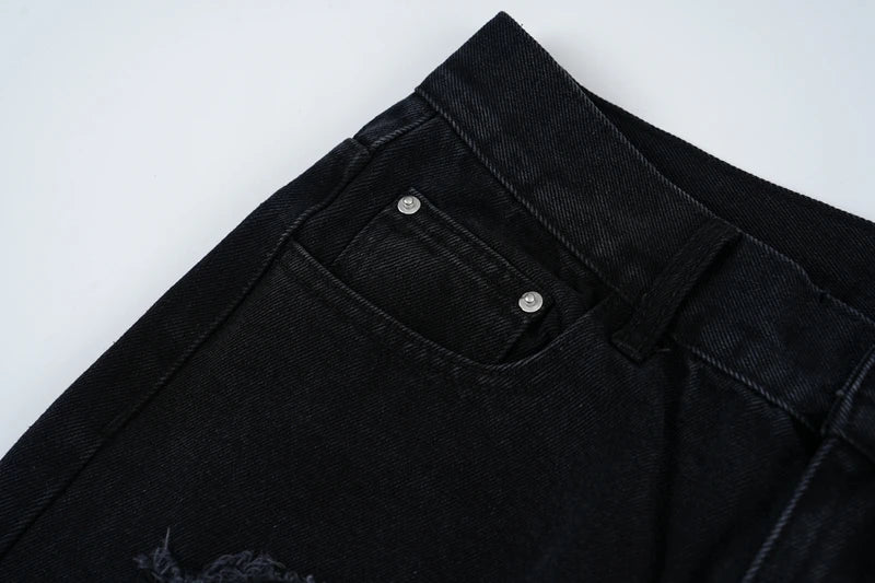 y2k streetwear embroidered ripped wide jeans for men washed destroyed torn flared jean male tassels hip hop jeans pants baggy unique jeans style 5178