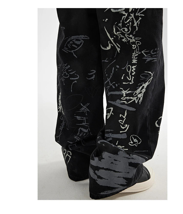 fashion graffiti printed denim jeans men unisex casual zipper wide legs straight jeans streetwear hip hop baggy pants joggers unique joggers style 4077
