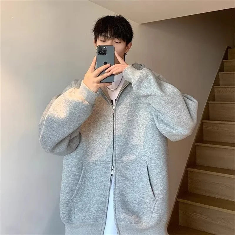 winter mens fleece zipper hooded sweatshirts 2025 new classic solid color oversized hoodies y2k streetwear outerwear tracksuit unique default style 26