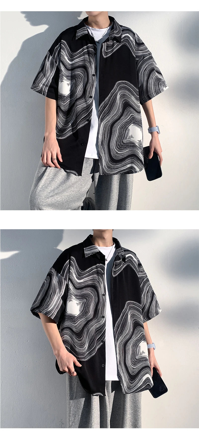 Summer Short Sleeve Shirt Men Fashion Retro Print Shirt Men Loose Black White Ice Silk Shirts Mens Hawaiian Shirt Large Size Street King Limited