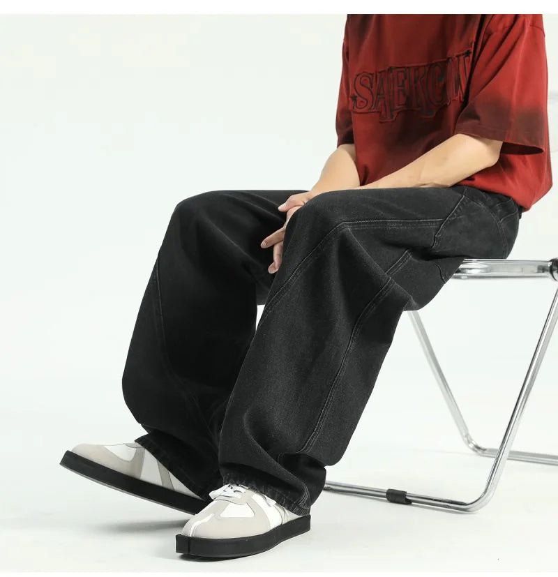 new vintage men s patchwork baggy jeans draped straight leg denim trousers autumn korean fashion high street casual y2k jean unique jeans style 540