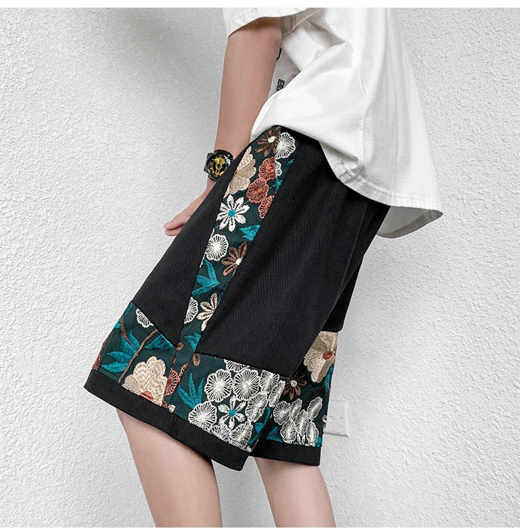 Summer Embroidery Shorts Men Fashion Casual Flower Shorts Mens Japanese Streetwear Loose Hip-hop Straight Shorts Men Plus Size Street King Limited