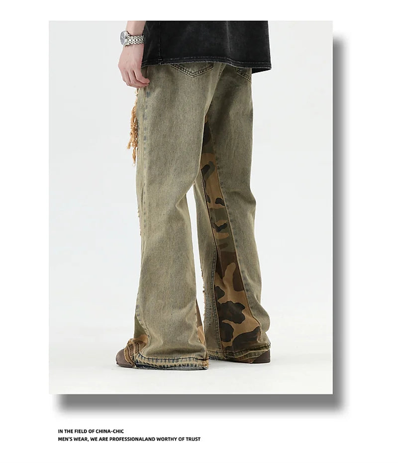 hip hop camouflage ripped patchwork denim pants for men y2k vintage streetwear wide leg jean 2025 new distressed baggy jeans unique jeans style 318