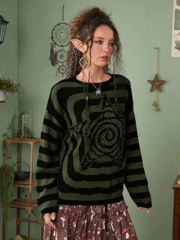 Y2K Women's Sweater Clothing Vintage Knitted Wool Sweater Jumper Round Neck Stripe High Neck Round Neck Long Sleeve Clothing Top Street King Limited