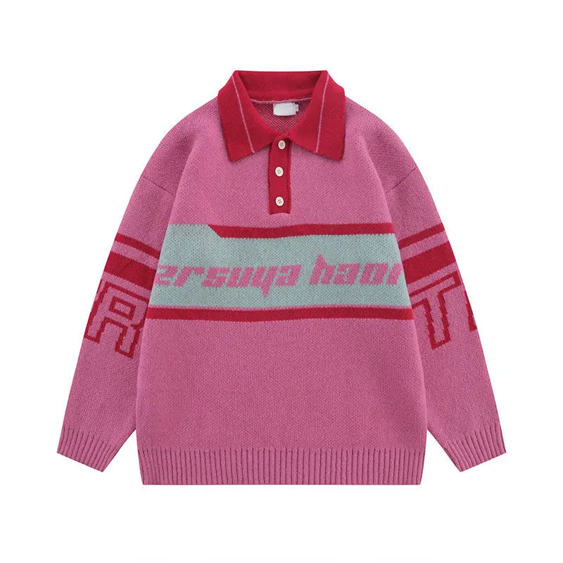 Men Knitted Sweater Jumper Casual Polo Neck Letter Casual Long Sleeve Streetwear Hip Hop Autumn Winter Pullover Knitwear Sweater Street King Limited