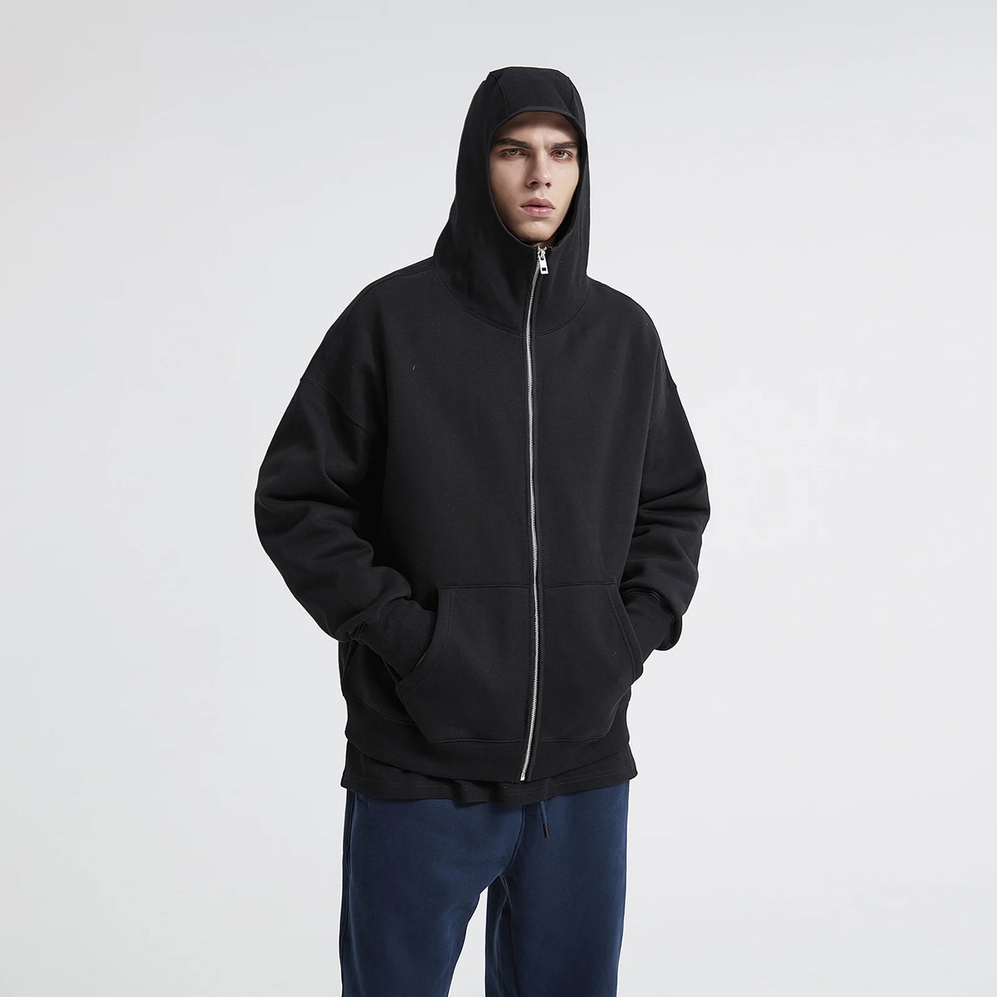 Streetwear Solid Color Ninja Zipper Hoodies Men's Fleece Turtleneck Cardigan Outdoor Oversized Hoody Plus Velvet Charge Coat Street King Limited