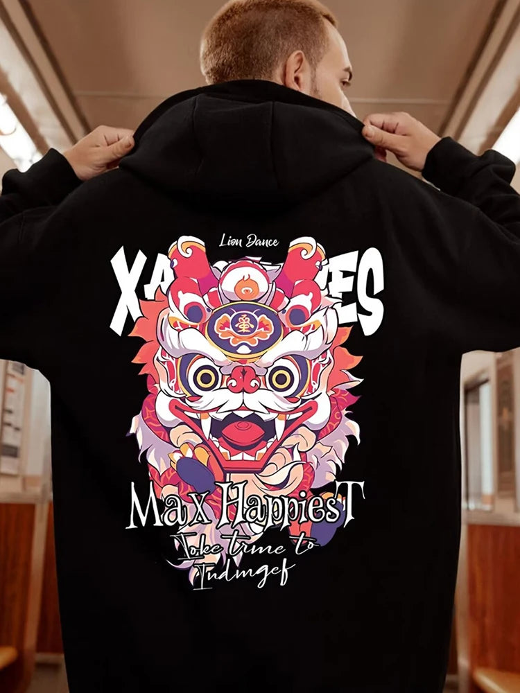 New Lion Dance Graphic Hoodies For Men Y2K Streetwear Fleece Hooded Sweatshirts Hip Hop Fashion Oversized Pullover Hoody Clothes Street King Limited