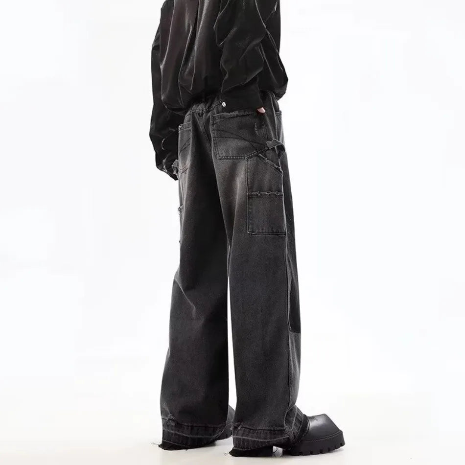 Summer Slim High Street Jeans Mens Washed Rough Edge Patchwork Straight Cowboy Pants Pockets Design Rivets Denim Trousers Thin Street King Limited