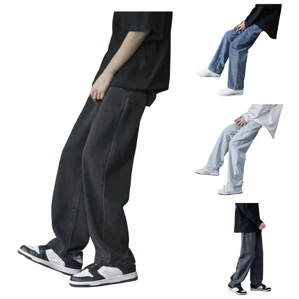 korean mens casual long jeans loose retro straight baggy pants denim wide leg pants light blue grey black retro washed jeans unique jeans style 1239