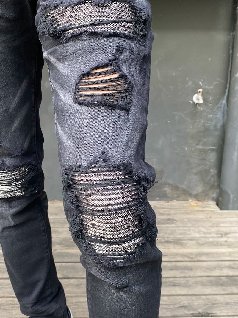knee hole patckwork skinny denim jeans men slim biker trousers jeans fashion streetwear hip hop retro washed jean pants joggers unique joggers style 2351
