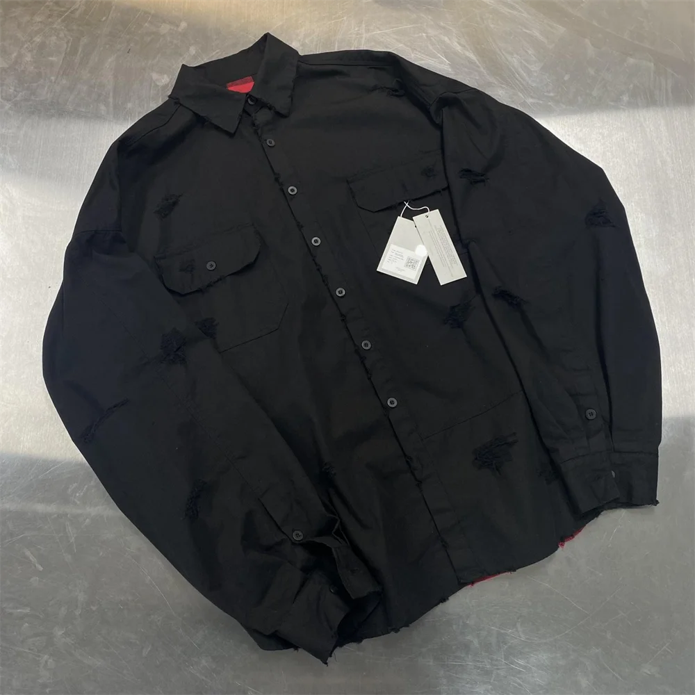 Undermycar 2023 New Worn Out Heavy Work Durable Splice Extra Large Loose Plaid Shirt with Black and Red Plaid Street King Limited