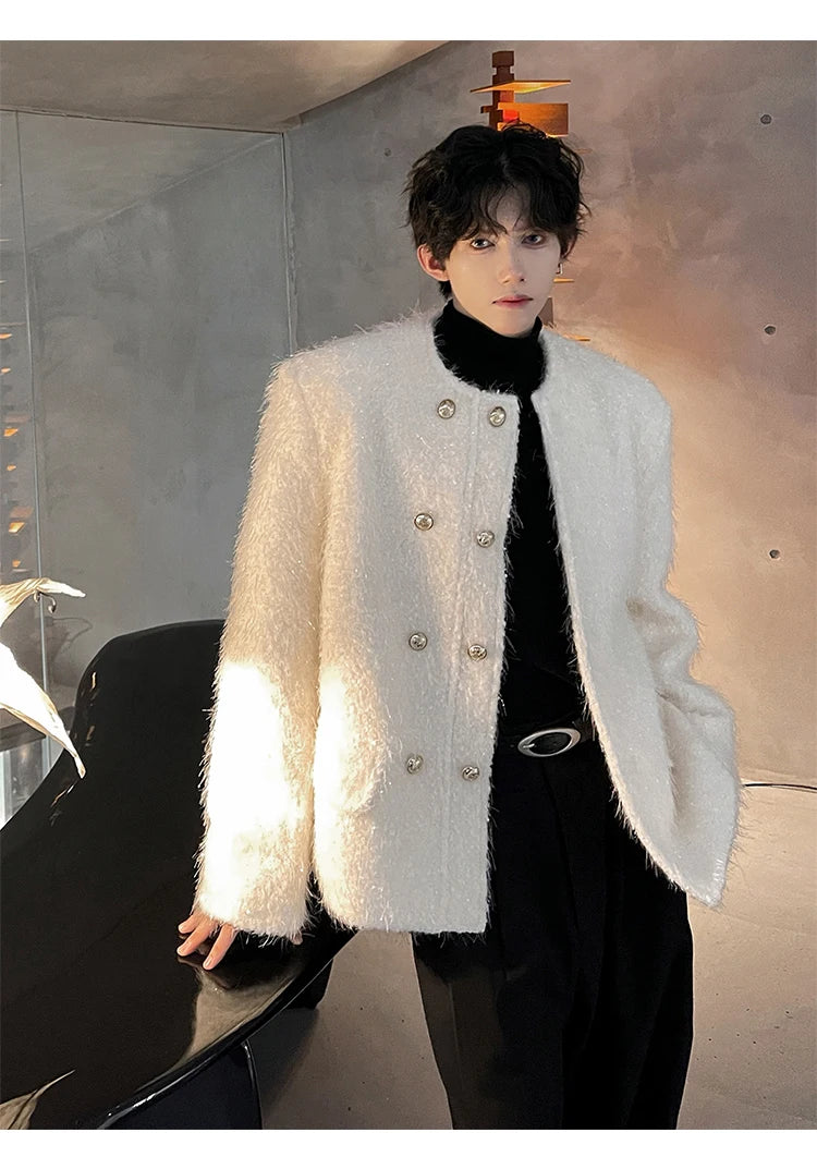 men double breasted french streetwear retro fashion loose casual tassels woolen short jacket man korean coat outerwear unique shorts style 1282