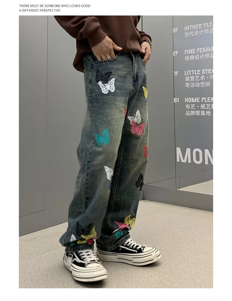 butterfly print jeans men streetwear fashion vibe loose casual hiphop straight washed denim pant jeans cityboy teen trousers unique jeans style 2564