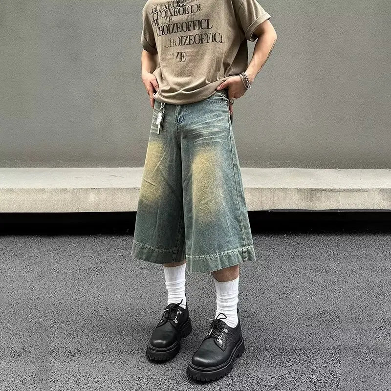 Summer Trend Denim Cropped Trousers Mens American Hip Hop Washed Wide Leg Shorts Unisex High Street Straight Cowboy Mid Pants Street King Limited