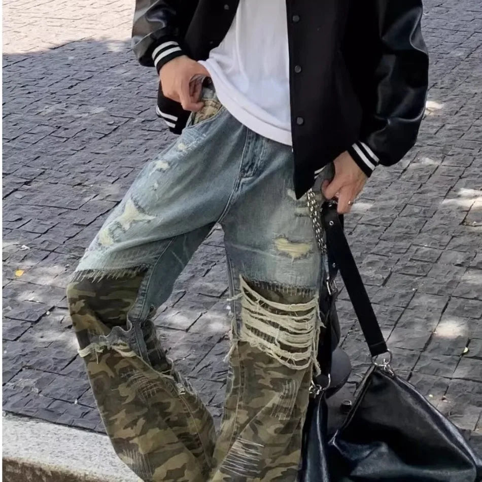 Trendy Camo Cowboy Cargo Pants Mens Spring Autumn Elasticity Fashion Harajuku Patchwork Straight Jeans New Washed Denim Trousers Street King Limited